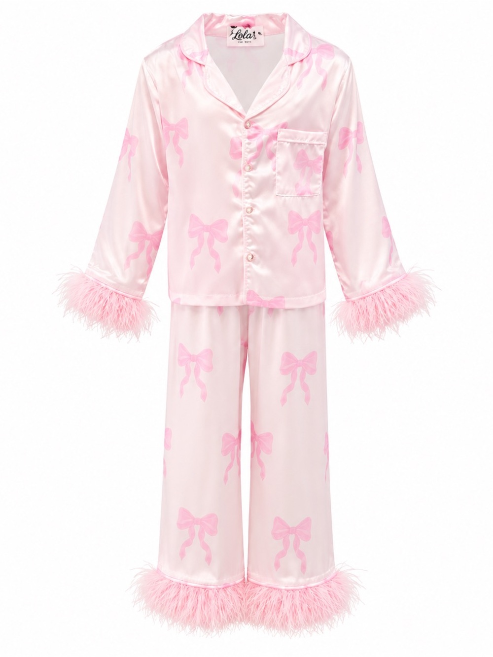 Lola + The Boys Pretty in Bows Silky Pajama Set Pink Feather Trim Size 12 NWT